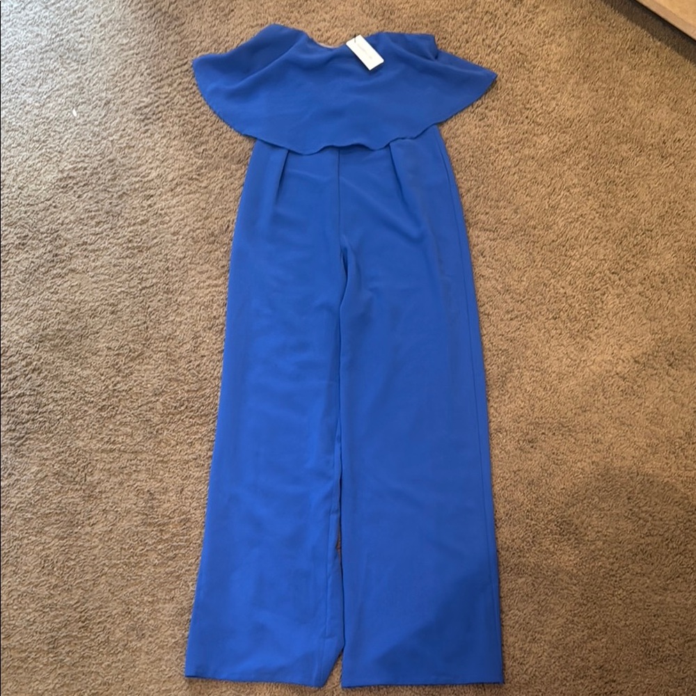 Sugarlips Blue Off-Shoulder Jumpsuit with Ruffle Detail